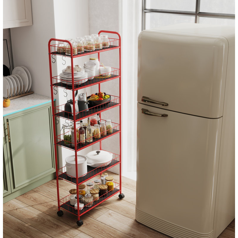Red 6-Tier Rolling Cart Gap Kitchen Slim Slide Out Storage Tower Rack with Wheels, 61" x 22.8" x 10"