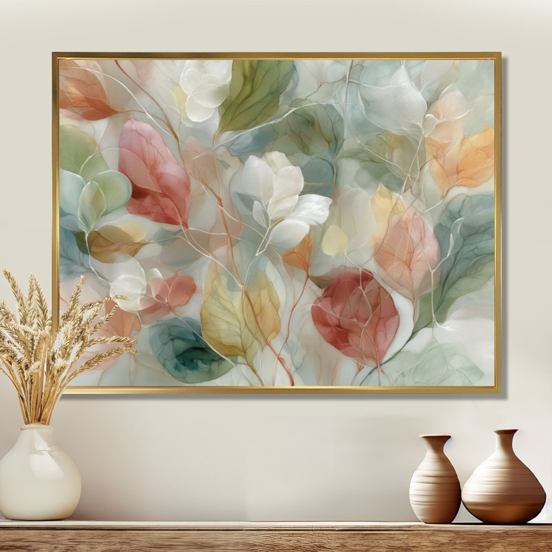 Soft Leaves In Hazy Watercolor - Plants Framed Prints, White Botanical Canvas Wall Art, 34" H x 44" W, Floater Framed, Gold