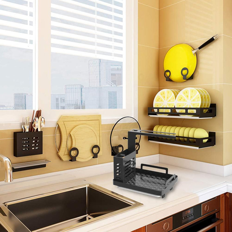 Organisateur pour évier de cuisine noir en acier inoxydable multifonctionnel avec ramasse-gouttes amovible et rangement polyvalent