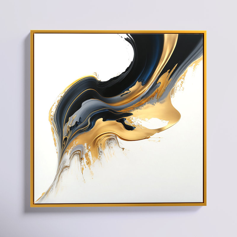 Art liquide noir, blanc et or I - Art abstrait à l'encre liquide, H 30 po x l 30 po x P 1 po, Toile avec cadre flottant or