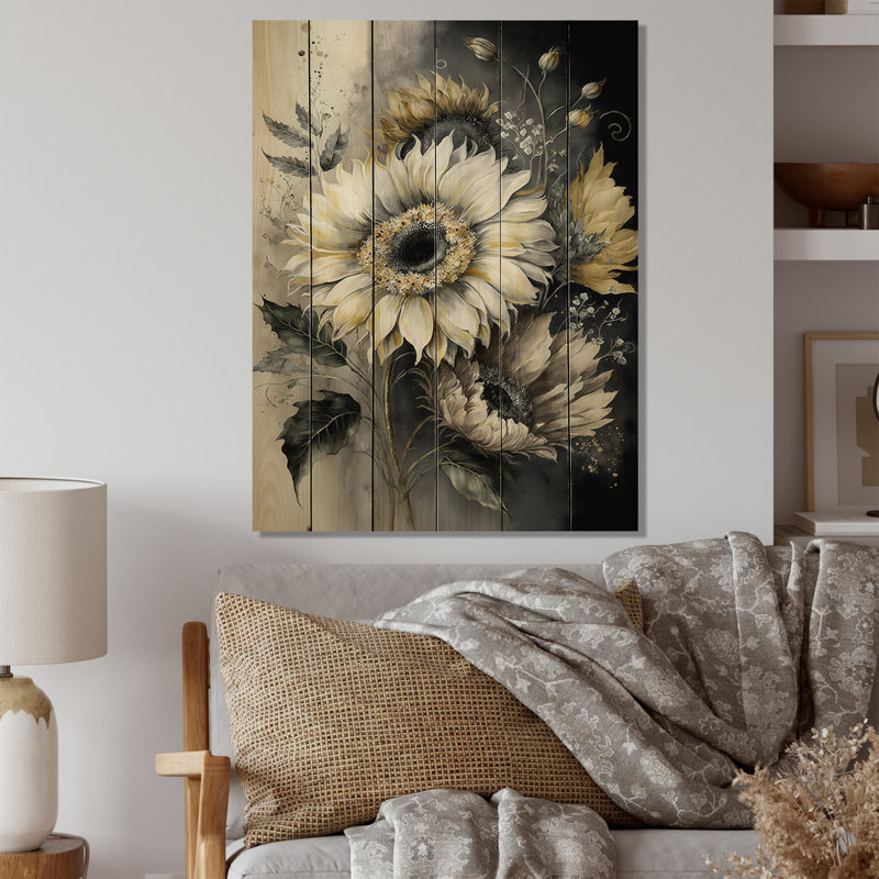 Tournesol blanc Lassay - impression sans cadre sur bois, H 40 po x l 30 po x P 1,5 po