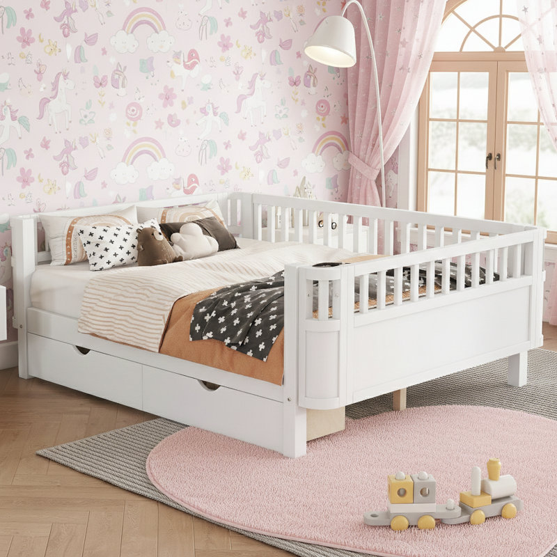 Full Size Wood Platform Bed For Kids, Wood Low Profile Full Bed With Rails For Girls And Boys, White, Full, White