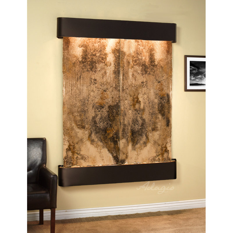 Majestic River Indoor Natural Stone Waterfall Fountain with Lights, Blackened Copper, Magnifico Travertine