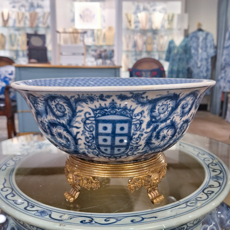 Porcelain Bowl With Bronze Blue White Emblem
