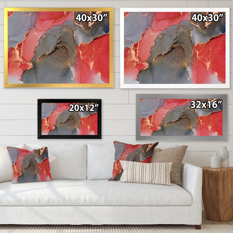 Gris et rouge, art abstrait fluide de luxe - peinture sur toile, H 34 po x l 44 po, Cadre doré à coins fermés