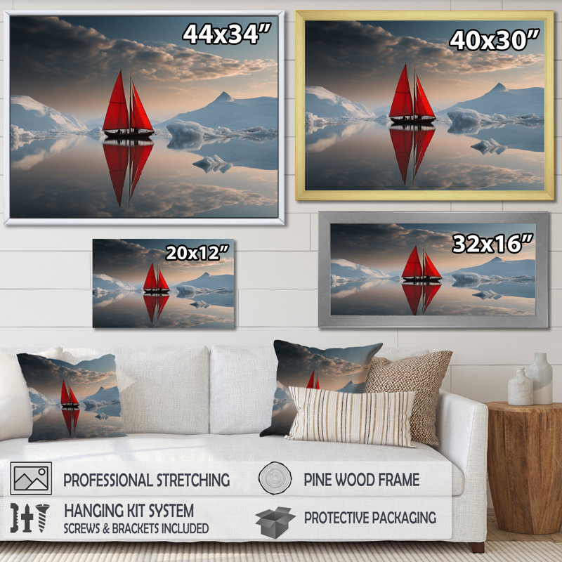 Voilier rouge arctique - impression sur toile, Cadre simple blanc, H 16 po x l 32 po x P 1 po