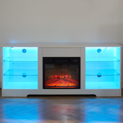TV Stand Electric Fireplace TV Stand With Glass Shelves, 3D Fireplace TV Stand With LED Lights Wood With USB Charging Outlet Modern Television Table Center For TV Up To 32-62" White 58''W*15.4''D*24.4