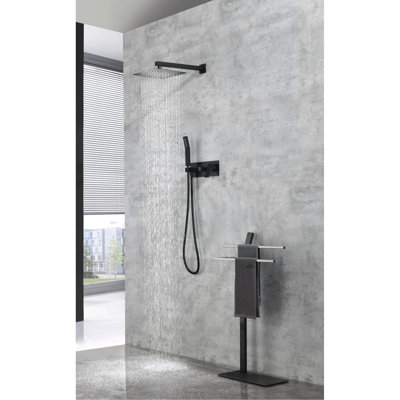 Matte Black Shower System Kit - 10" Rainfall Head And Handheld , Luxury Bathroom Brass Faucet , , Includes Rough-In Valve Self-Cleaning Nozzle 10 Inch With Rain Mixer , Wall Mounted, Included,