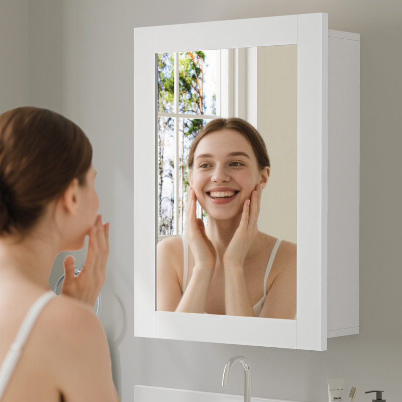 16" W X 24" H Wide Frame White Wood Medicine Cabinet with Mirror, Adjustable Shelves, Soft-Close Hinges and Reversible Door, Wall-Mount or Recessed for Makeup, Shaving or Bathroom Vanity Storage