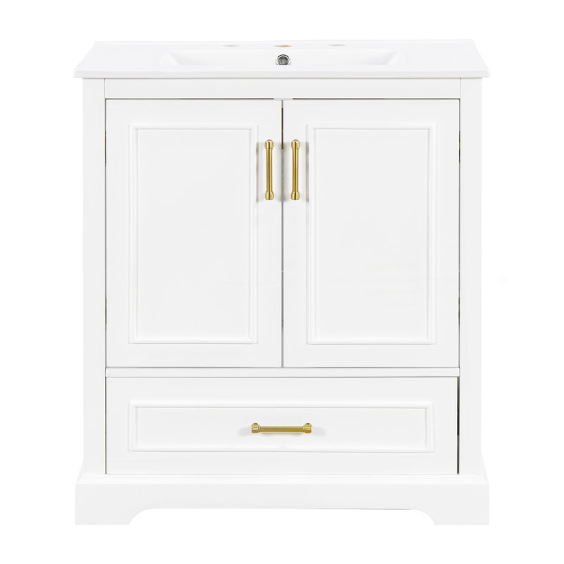 Meuble-lavabo autoportant de 30 po avec lavabo, panneau de fibres à densité moyenne et structure en bois massif, 1 tiroir de séparation et 2 portes à fermeture en douceur (double tablette sur la porte)