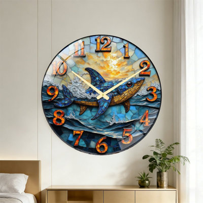 Horloge murale décorative en mosaïque de requin - 61 cm (24 po) - Horloge murale moderne en verre