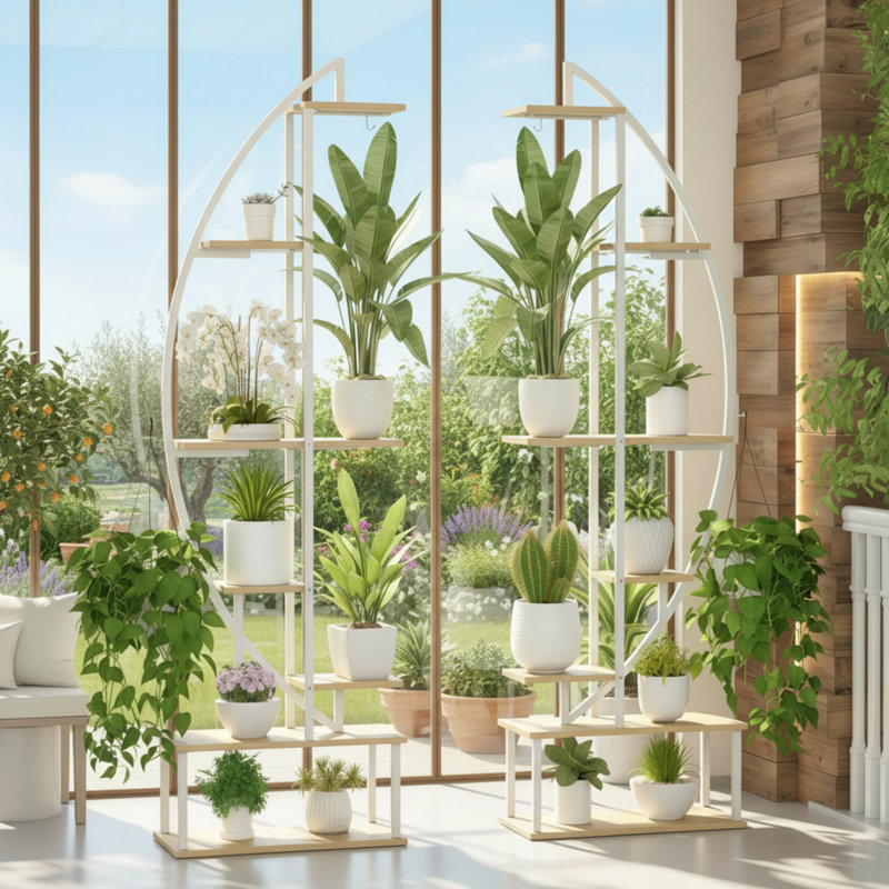 Ensemble de deux supports à plantes en forme de croissant blanc, 65 pouces, 7 niveaux, avec 6 lumières de croissance, conception arquée robuste, spécialement pour la culture de plantes d'intérieur.