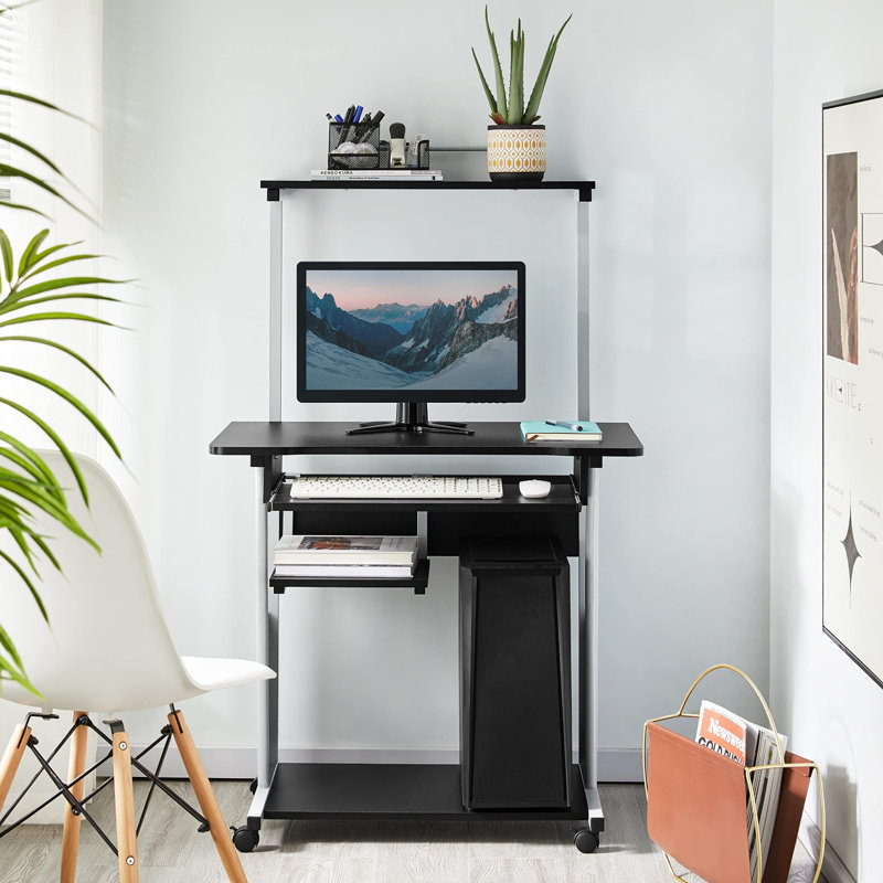 2 Tier Mobile Computer Desk With Printer Shelf & Keyboard Tray Rolling Computer Table For Small Spaces, Compact Study Workstation With Wheels, Space Saving, Black