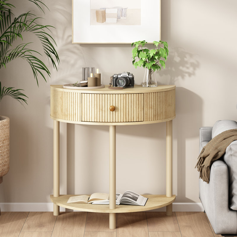  Charlbury 31"W Half-Round Solid Wood Console Table with Fluted Drawers, Natural Wood