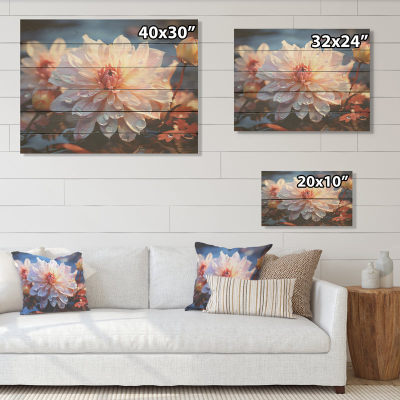 Ponk Dahlia Elegance - art mural en bois de dahlia sur bois de pin naturel, H 30 po x l 40 po