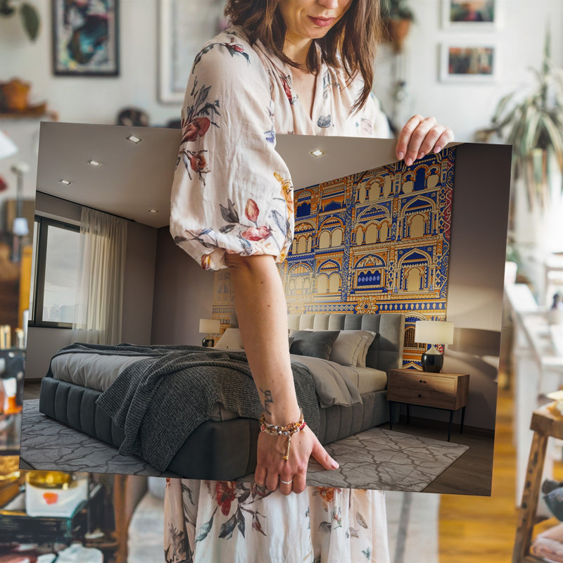 Toile une chambre à coucher moderne avec art mural orné d'un lit rembourré gris moelleux avec une literie de couleur neutre neutre et un art mural sur toile texturée douillette