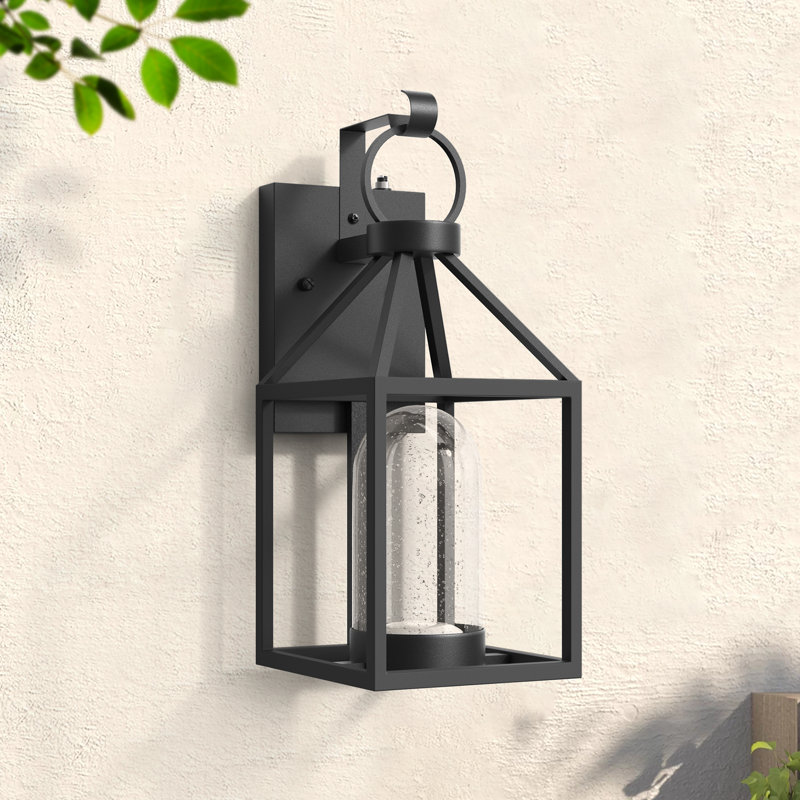 1-Light 14'' Dimmable LED Black Iron and Seeded Glass Outdoor Wall Lantern with Dusk To Dawn