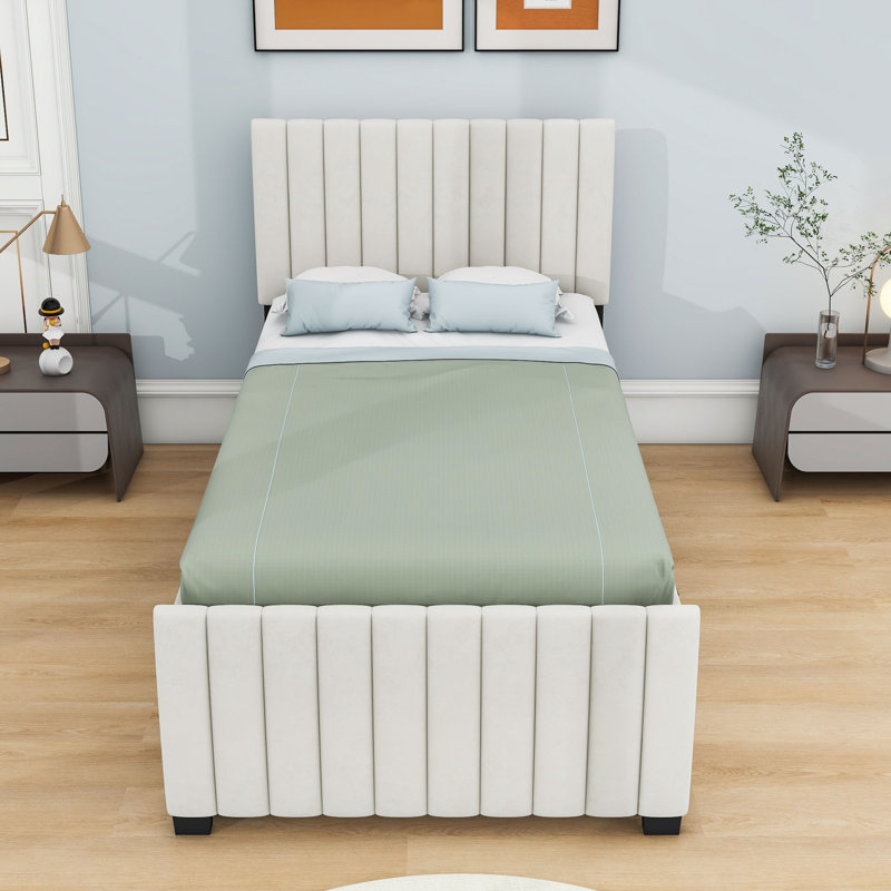Lit tapissier simple en velours avec lit gigogne et tête de lit Eccleshall, Beige, Simple