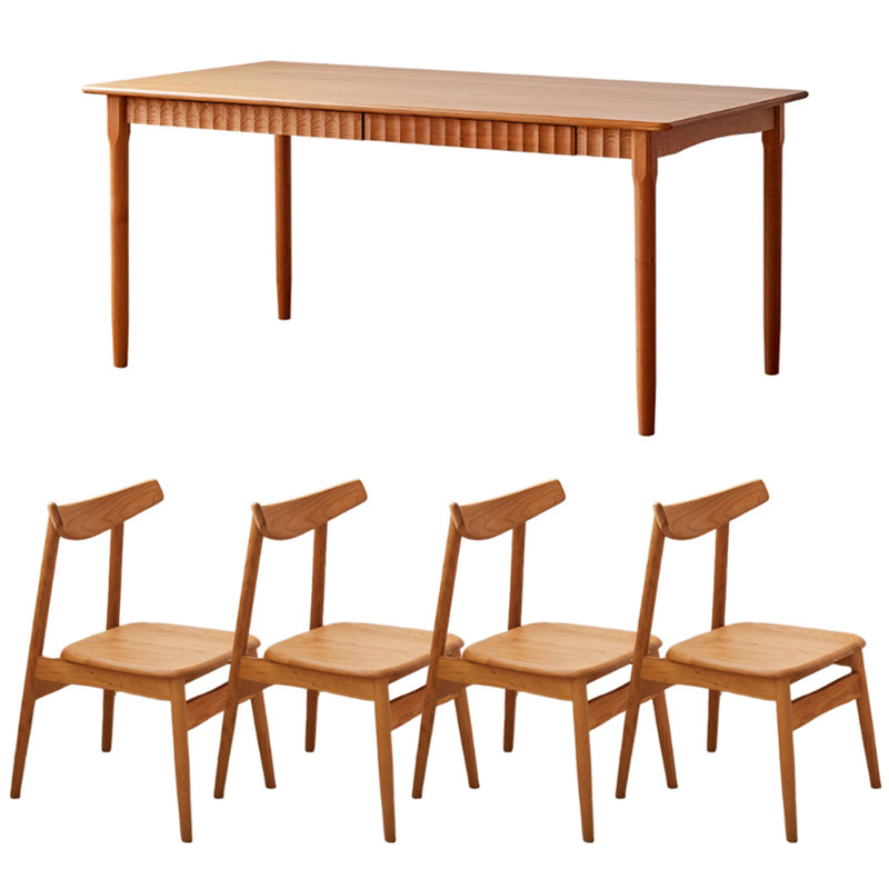 Simple Cherry Wood Drawer Storage Dining Table Set, 29.52"H x 70.86"L x 33.46"W