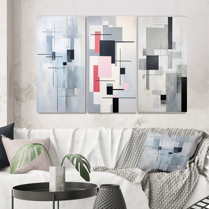 «Gray Suprematism Geometric Serenity», 3 pièces sur toile, Toile tendue, H 28 po x l 36 po