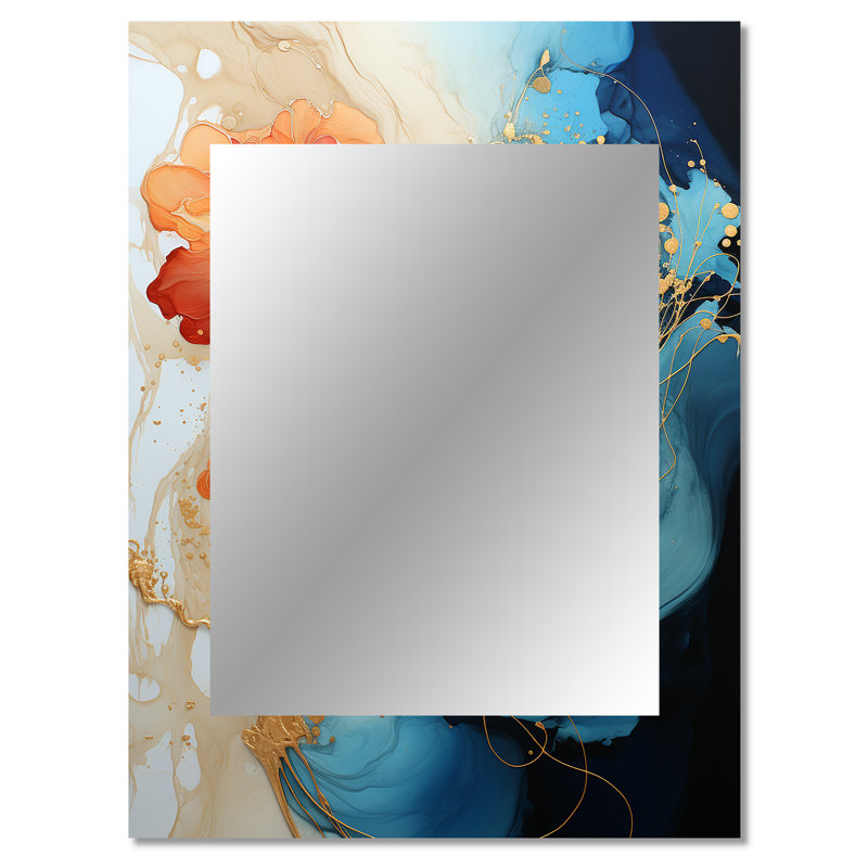 Fractale abstraite orange sarcelle - miroir décoratif de fractales, miroir mural moderne, impression d'art en métal