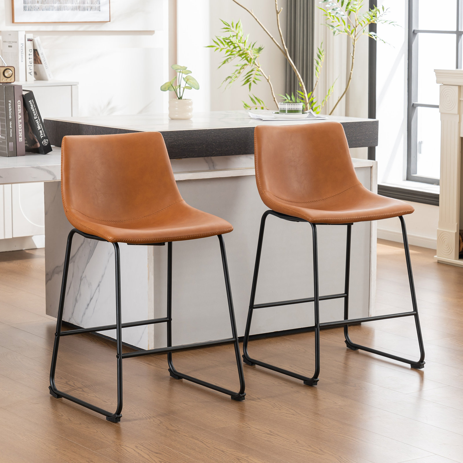 Anke Vegan Leather Armless (Set of 2), Brown, Counter Stool (24” Seat Height)