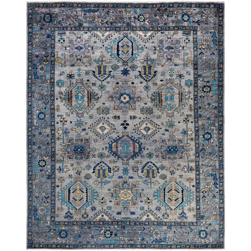 Tapis noué à la main de conception unique Raffin - gris, 8 pi 0 po x 9 pi 11 po