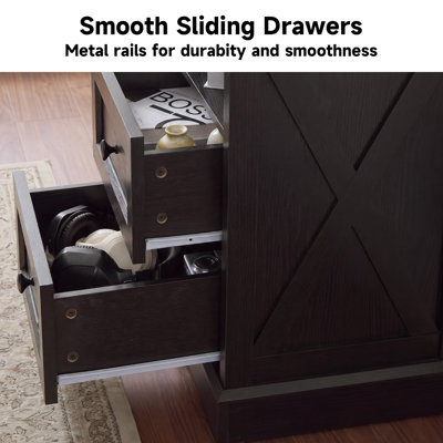25.6" Tall Farmhouse Nightstand With Charging Station, Wood End Table Dresser With 2 Drawers, Built-In Outlets
