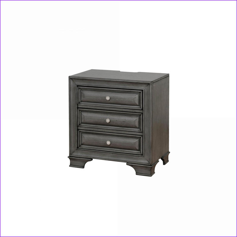 Table de chevet transitionnelle en bois massif gris à 3 tiroirs avec veilleuse et port USB