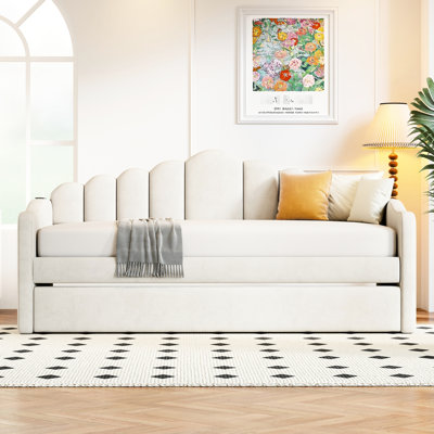 Twin size Upholstered Daybed with Trundle ,Velvet Sofabed with USB Charging Ports,No Box-spring Needed,Beige