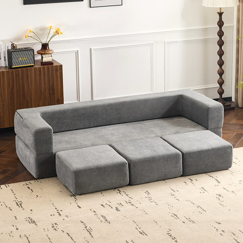 Ebern Designs Convertible Sectional Sofa with 3 Storage Ottomans, Light Gray Chenille
