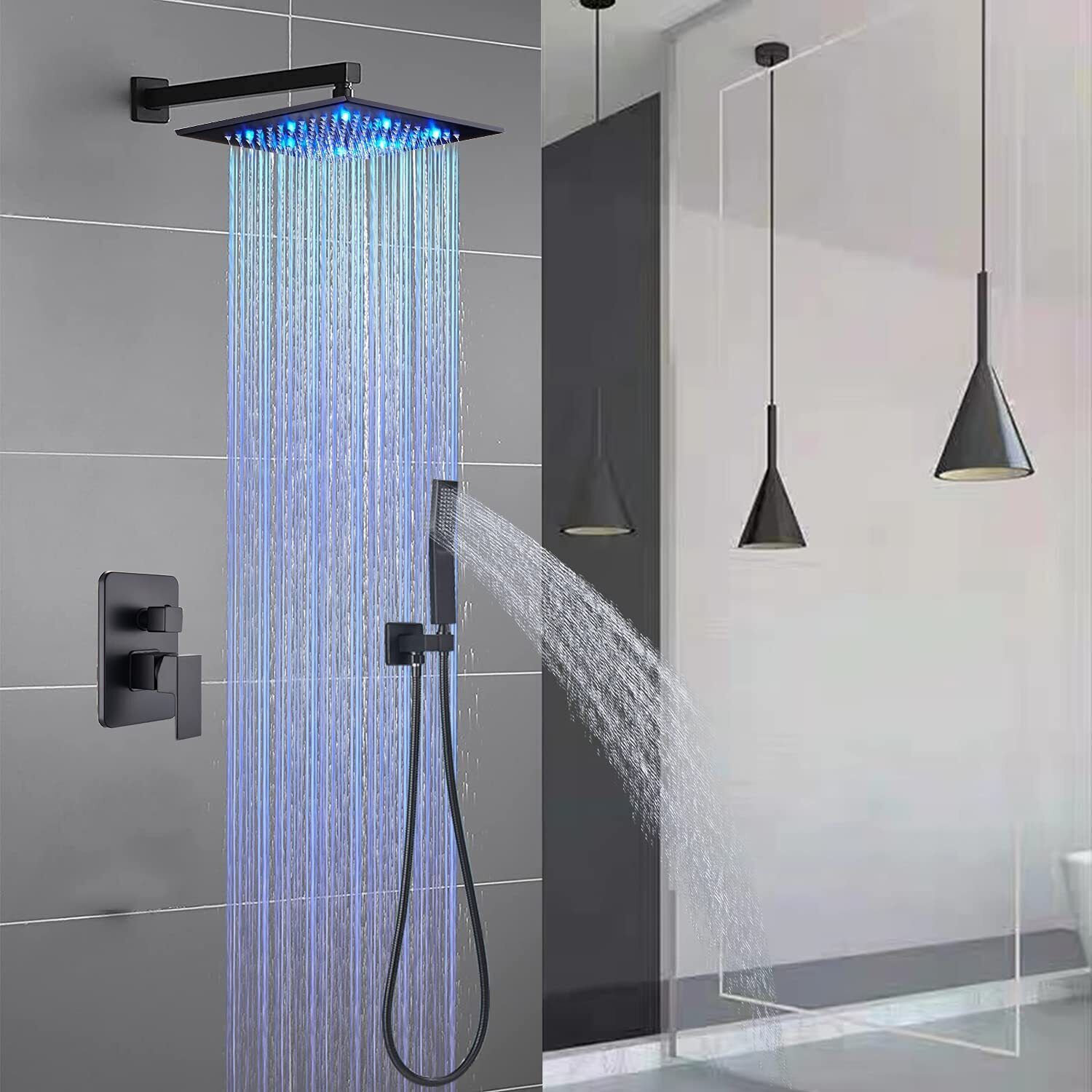 AlenArtWater Black Shower Faucet Set LED Rainfall 12"Shower Head Combo ...