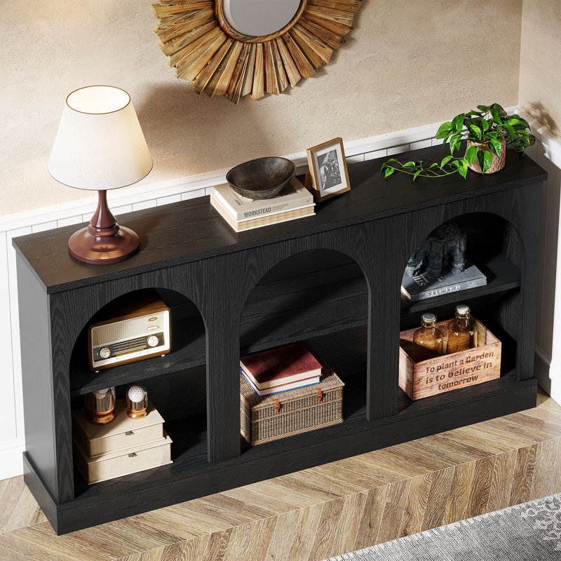 63-Inch Long Farmhouse Wooden Rectangular Entryway Console 3 Tier Storage Sofa Table Behind Couch