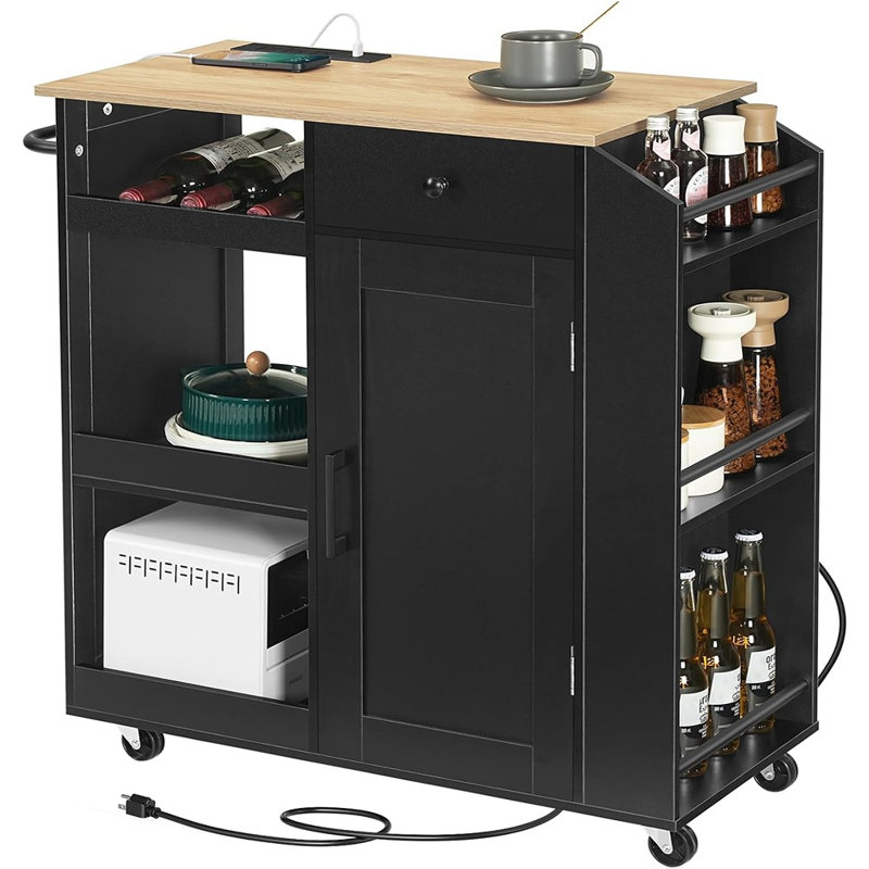 Chariot de cuisine à roulettes avec prise électrique, tiroir de rangement, étagère à épices et casier à vin