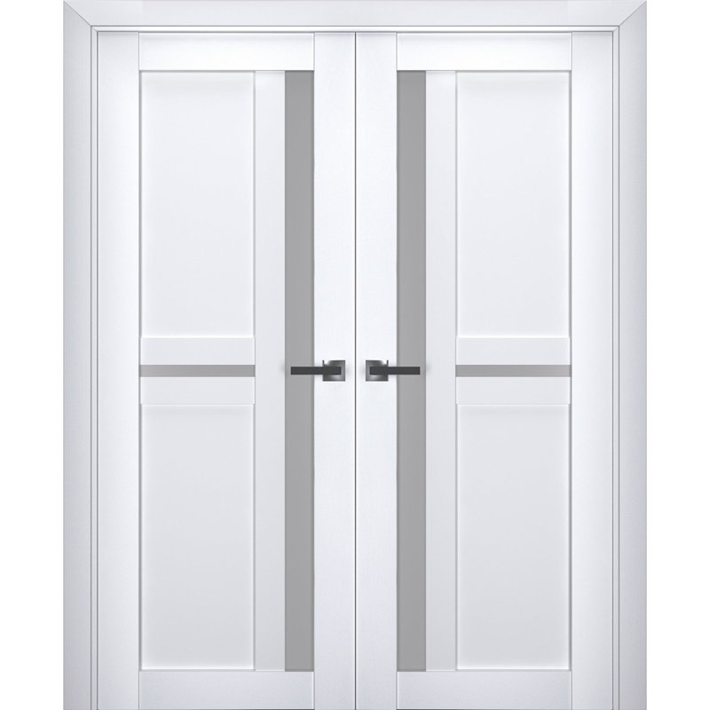 Portes doubles françaises intérieures Veregio 7288 Blanc Soie avec vitrage dépoli, cadre en bois massif, portes robustes pour placard et chambre