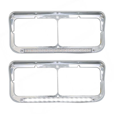 Chrome Rectangular Dual Headlight Bezels With Clear Lens + White LED 2Pcs