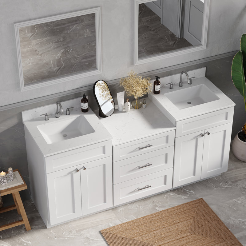  72'' 84'' 96'' Double Bathroom Vanity Cabinet Shaker Dovetail Solid Wood Drawer Carrara Quartz Top, 73", White