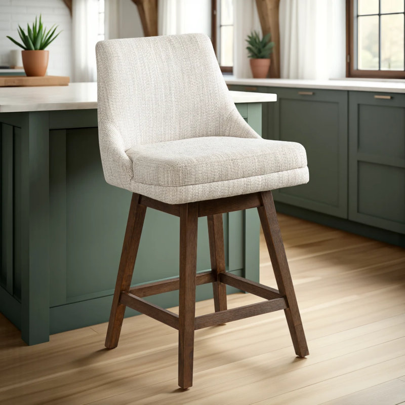 Tabouret de bar pivotant rembourré en bois massif Wasser avec siège en tissu, Bois brun, 1
