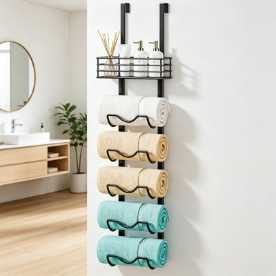 6-Tier Over Door Towel Rack with Metal Shelf - Space-Saving Bathroom Towel Organizer, Wall Mount or Door Hanging Towel Holder, Rust-Resistant and Adjustable Storage for Small Spaces