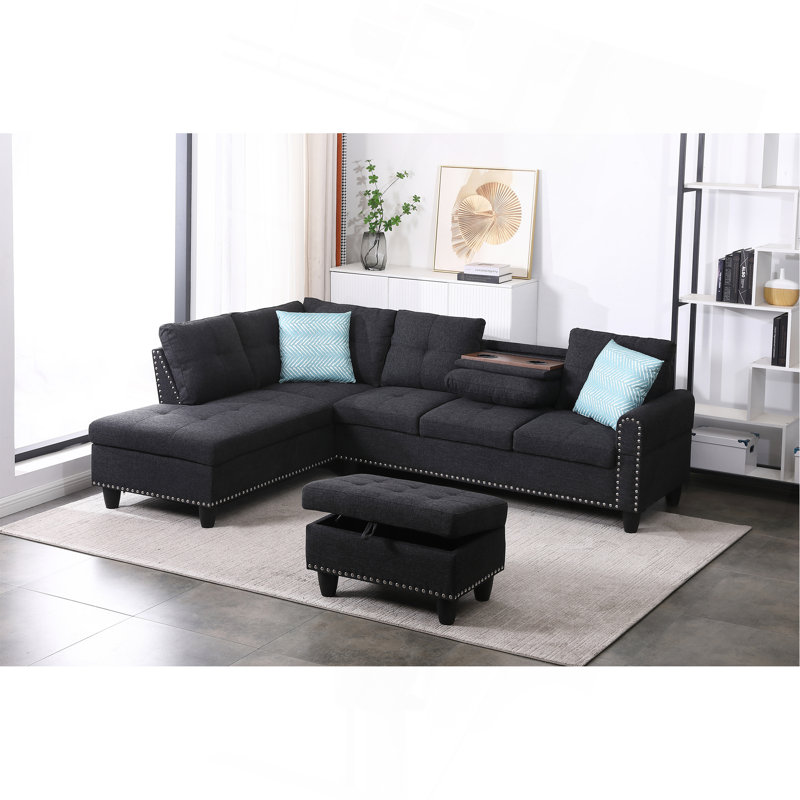 Canapé et méridienne spacieux et élégant avec repose-pieds et coussins, Gris anthracite / gris