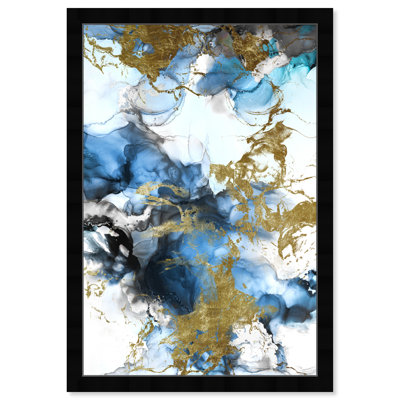 «Blue Gold Abstract Shapes Coastal», reproduction d'art encadrée pour chambre à coucher