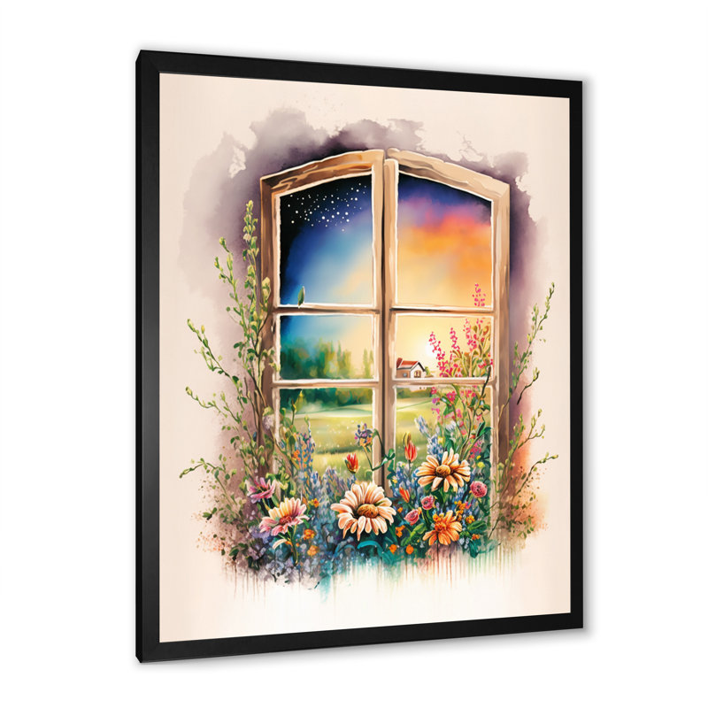 Été coucher de soleil floral fenêtre I - décoration murale fenêtres de ferme, H 44 po x l 34 po, Cadre photo noir