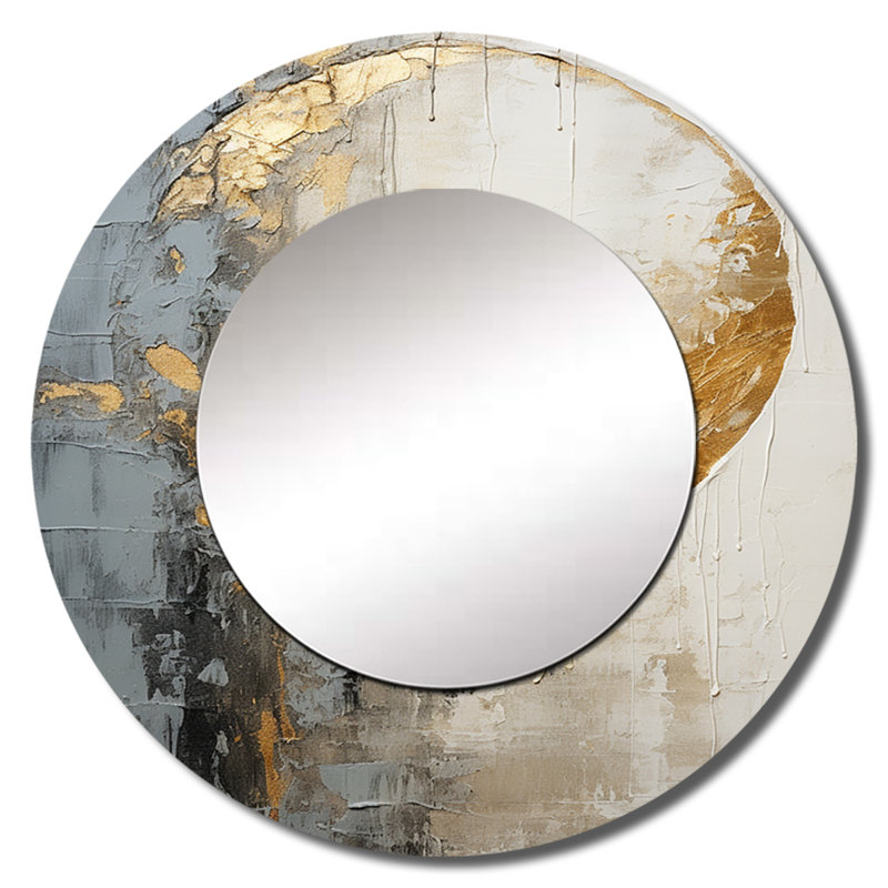 Minimalism Grey Gold Moon Poteries - Abstract Spirals Decorative Wall Mirror, Gray Round Mirror, Printed Metal Art, 23" x 23"