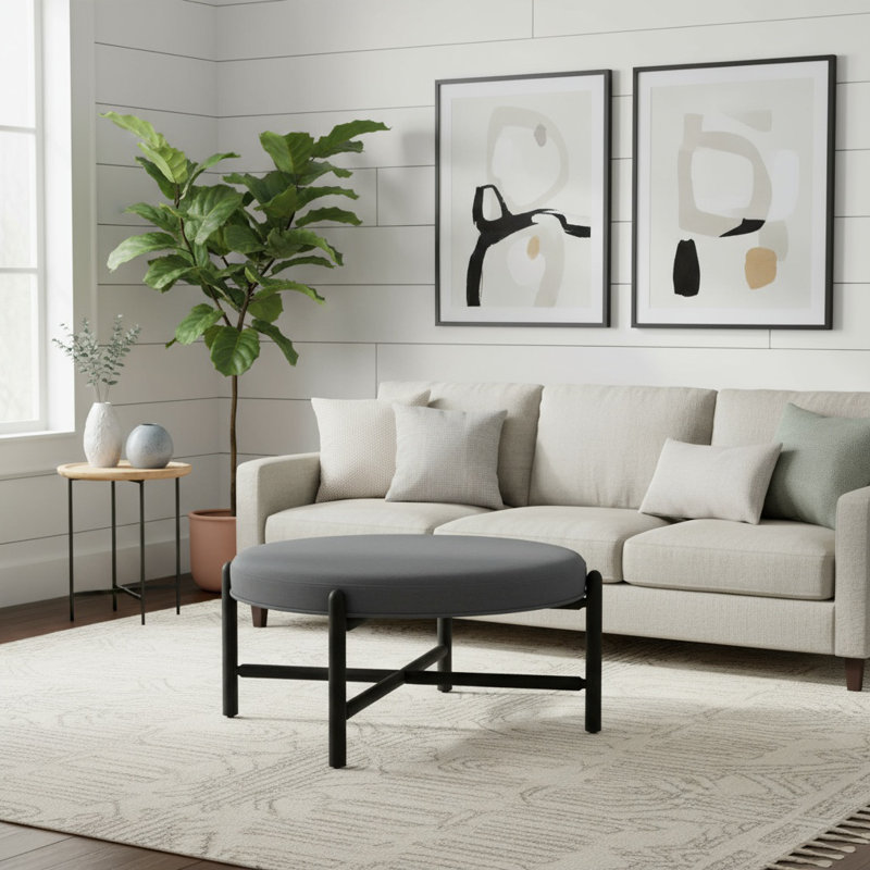 Vane 36" Round Ottoman, Charcoal, Black