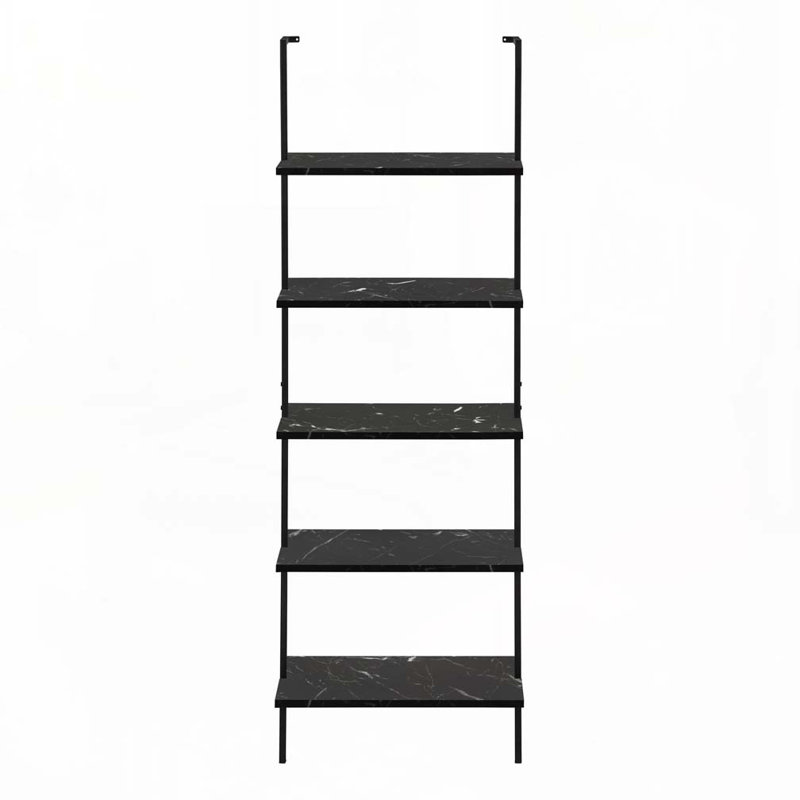 Bibliothèque, bibliothèque, étagère, échelle, 5 niveaux, h 72 po, bureau, chambre à coucher, stratifié aspect marbre noir, métal noir, contemporain, moderne