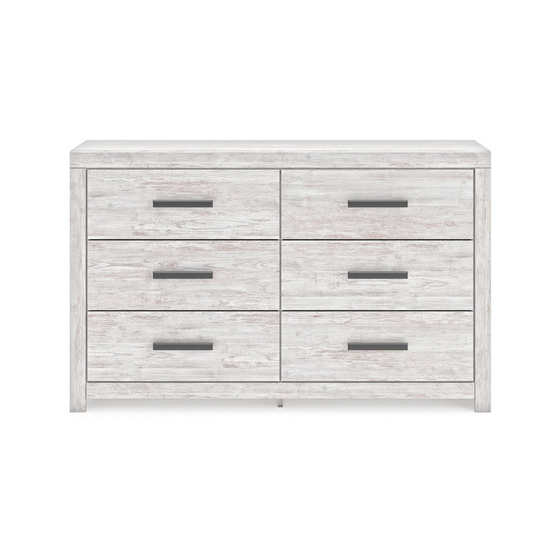 Cany Wide Dresser, 6 Drawers With Black Handles, Vintage Whitewash