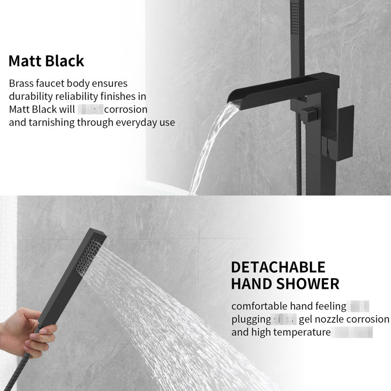 Robinet de baignoire à fixation au sol noir, fonction thermostatique, robinet de baignoire à cascade, laiton avec douche à main pour un bain relaxant Robinet autoportant élégant en noir, design, monté, rotatif