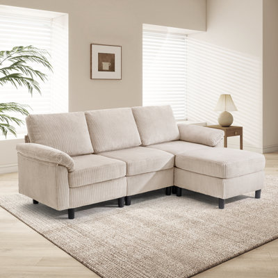 85'' Corduroy L-Shaped Sectional Sofa with Movable Ottoman and Storage, 3-Seat Modular Couch for Living Room, Apartment