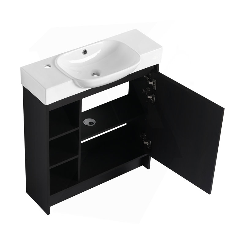 Meuble-lavabo autoportant de 30 po avec lavabo en céramique blanche et porte à fermeture en douceur, chêne foncé, contreplaqué, emballage KD