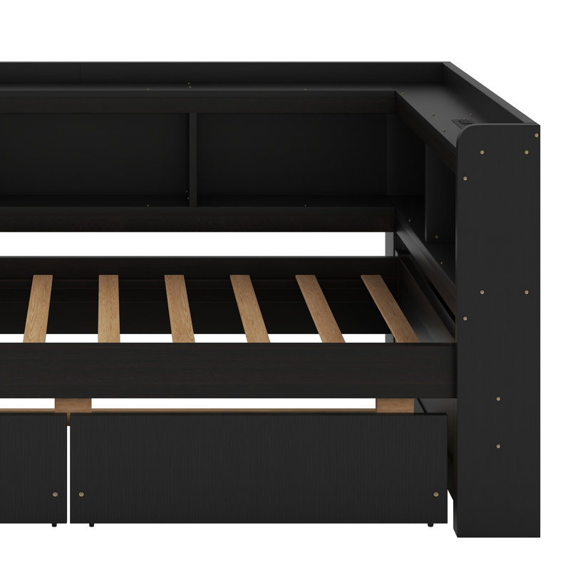 Lit simple en forme de L avec bibliothèques avec prises de courant, ports de chargement USB, deux tiroirs, Espresso